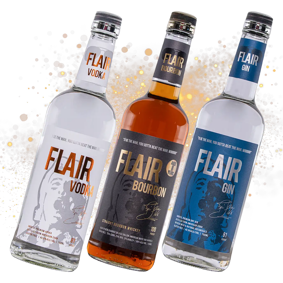 Three Flair Spirits product bottles with shiny gold background