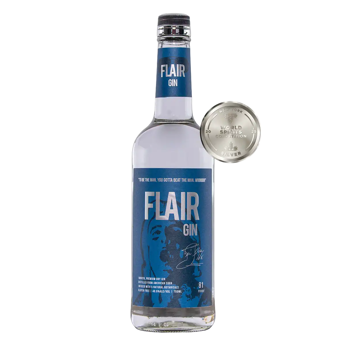 A bottle of Flair Gin with a blue label and silver cap, shown alongside a separate silver cap on a plain white background.