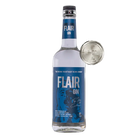 A bottle of Flair Gin with a blue label and silver cap, shown alongside a separate silver cap on a plain white background.