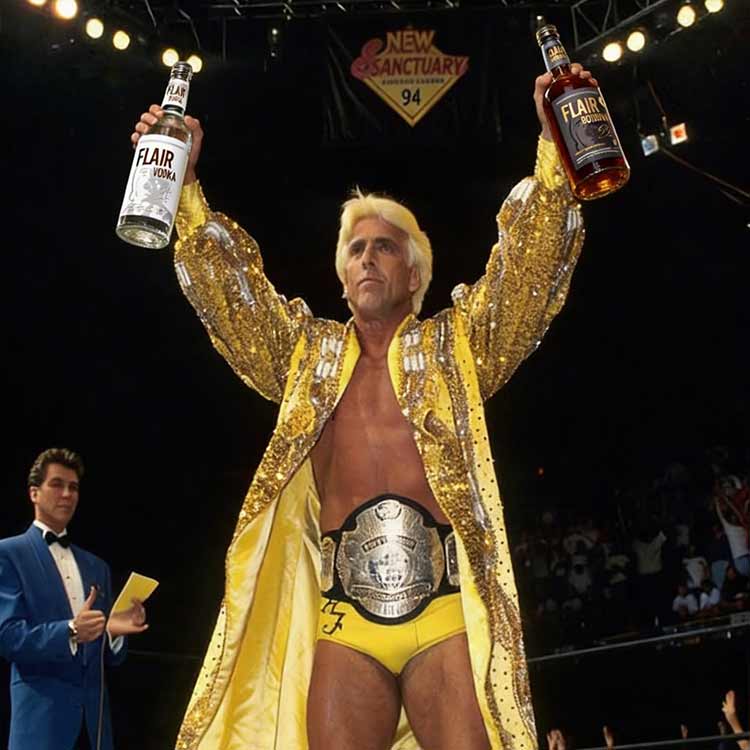 Ric Flair a gold sequined robe and yellow wrestling trunks raises two bottles labeled FLAIR in a ring, with a championship belt around his waist and a crowd in the background.