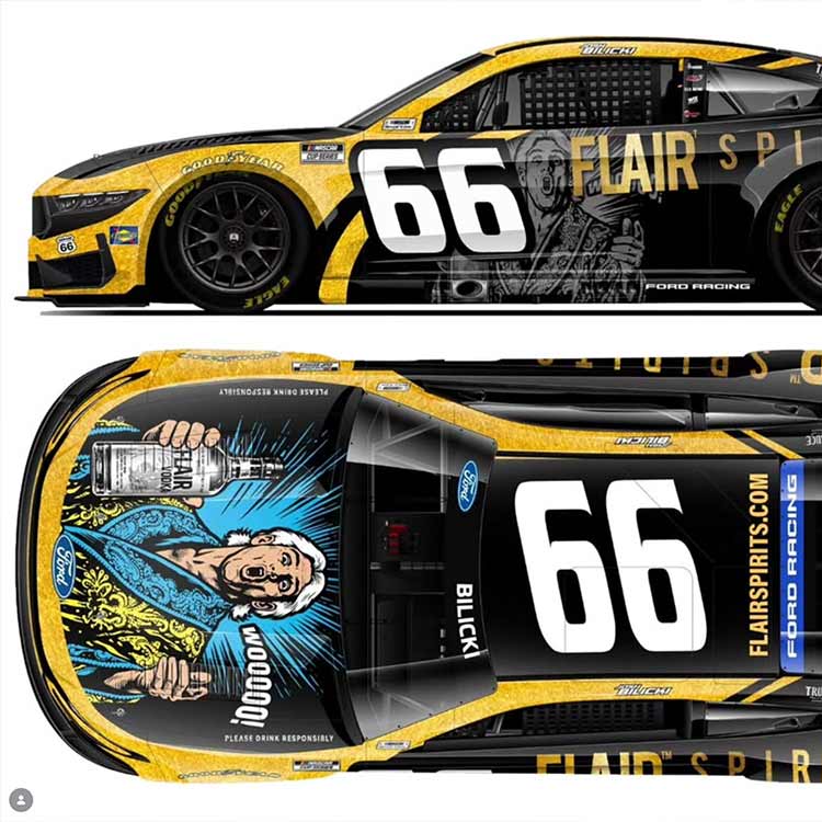 A Ford race car shown in side and top views on a white background, featuring a black and yellow wrap design with large white number 66, 'FLAIR SPIRIT' text, and a comic-style illustrated graphic of a man holding a bottle.