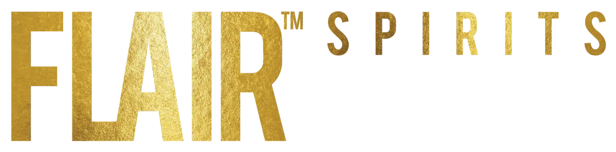 The logo for Flair Spirits, featuring the brand name in textured metallic gold lettering on a solid white background.