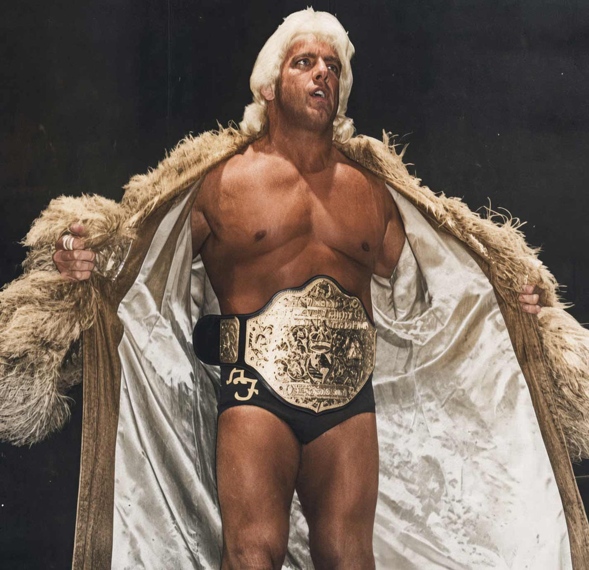 A shirtless Ric Flair with a white wig stands open-mouthed wearing a large white satin robe with brown fur trim and a gold-and-black championship belt around his waist, against a dark background.
