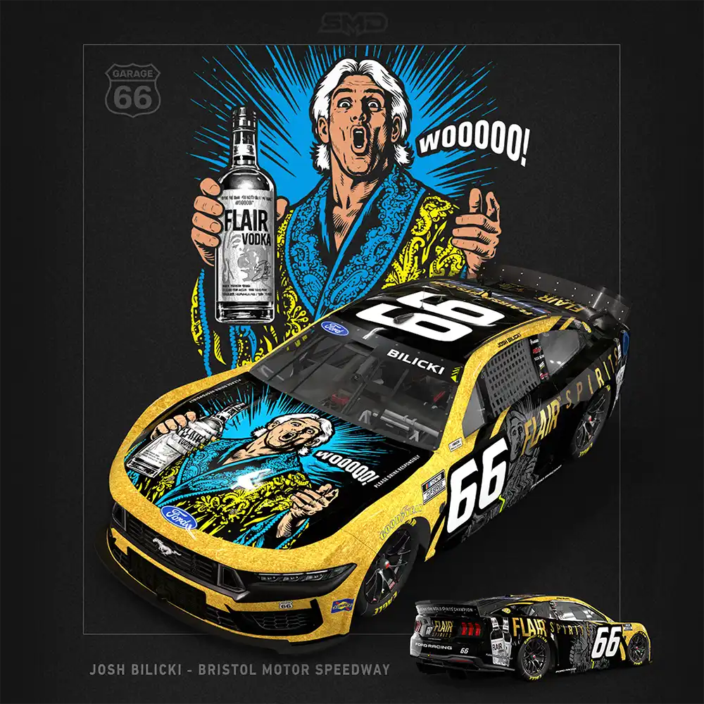 A stylized graphic print design for a NASCAR race car, featuring a illustrated figure holding a bottle of Blair Vodka with the text 'WOOOOO!' and 'Josh Bilicki - Bristol Motor Speedway' on a dark background. The main design shows a yellow and black Ford Mustang race car with a large blue, yellow, and black graphic wrap, plus a smaller inset of the car from the rear.