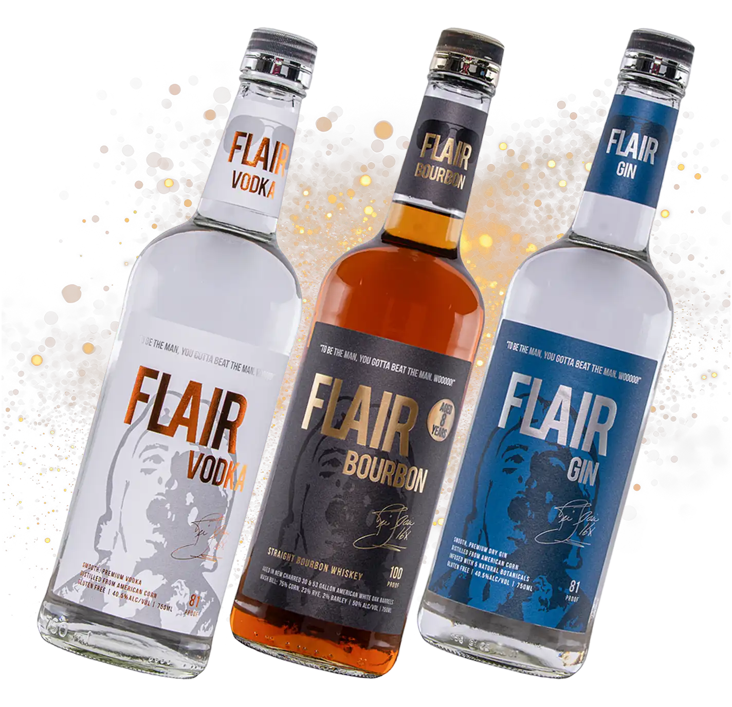 Three Flair Spirits product bottles with shiny gold background